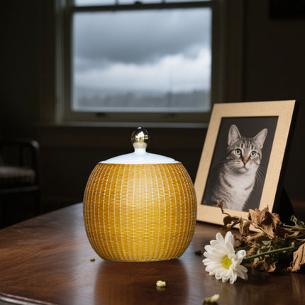Miss-u-Alr Bamboo-Woven Surface Ceramic Porcelain Pet Memorial Keepsake Urn
