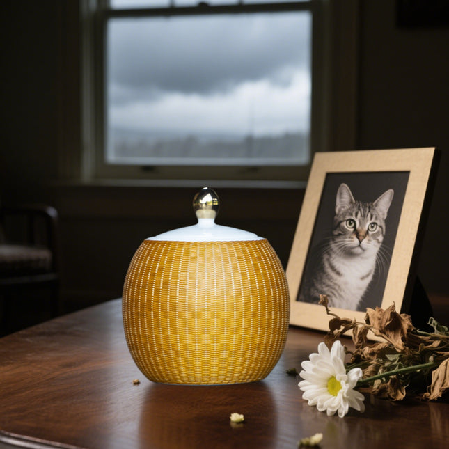 Miss-u-Alr Bamboo-Woven Surface Ceramic Porcelain Pet Memorial Keepsake Urn