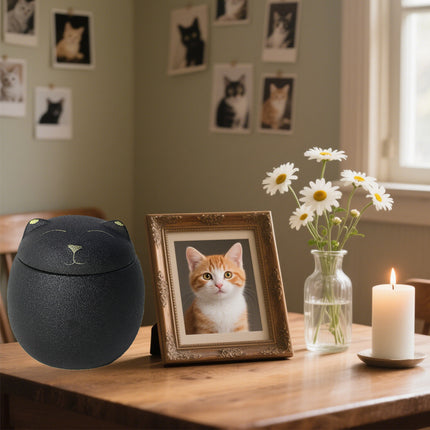 Miss-u-Alr Smiling Kitty Ceramic Black Porcelain Pet Urn