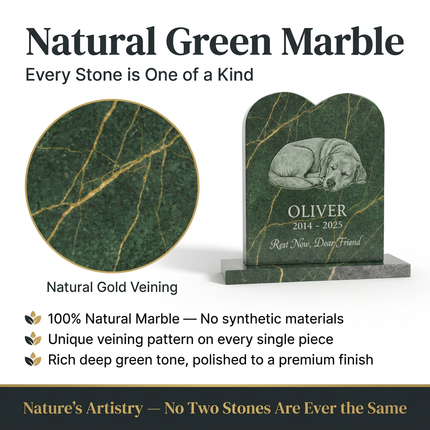 Personalized Green Marble Pet Memorial Headstone | Custom Engraved Dog Cat Grave Marker with Portrait