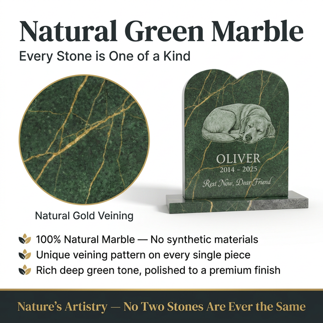 Personalized Green Marble Pet Memorial Headstone | Custom Engraved Dog Cat Grave Marker with Portrait