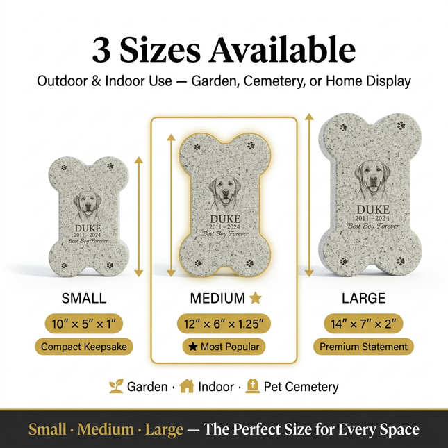 Personalized Granite Dog Bone Shaped Pet Memorial Stone | Custom Engraved Portrait & Text Grave Marker