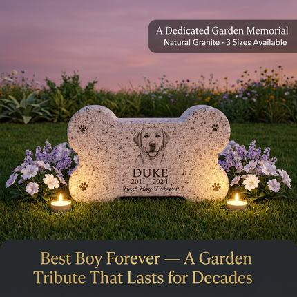 Personalized Granite Dog Bone Shaped Pet Memorial Stone | Custom Engraved Portrait & Text Grave Marker