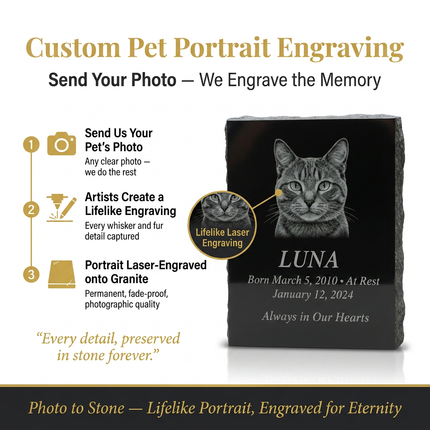 Personalized Black Granite Pet Memorial Stone | Custom Engraved Portrait Headstone for Dogs & Cats
