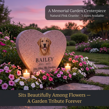 Personalized Pink Granite Heart-Shaped Pet Memorial Stone | Custom Photo & Text Engraved Garden Grave Marker