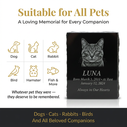 Personalized Black Granite Pet Memorial Stone | Custom Engraved Portrait Headstone for Dogs & Cats