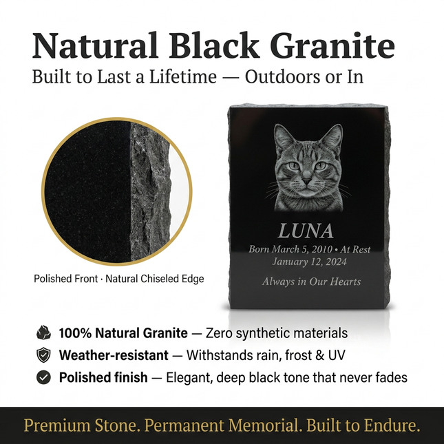Personalized Black Granite Pet Memorial Stone | Custom Engraved Portrait Headstone for Dogs & Cats