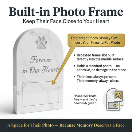 Personalized White Marble Pet Memorial Stone with Photo Frame | Custom Engraved Grave Marker for Dogs & Cats