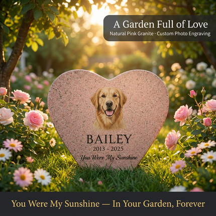 Personalized Pink Granite Heart-Shaped Pet Memorial Stone | Custom Photo & Text Engraved Garden Grave Marker