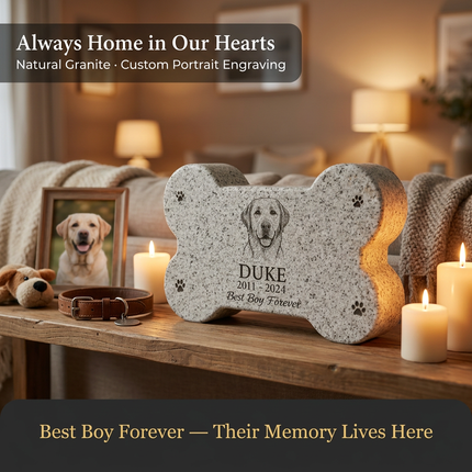 Personalized Granite Dog Bone Shaped Pet Memorial Stone | Custom Engraved Portrait & Text Grave Marker