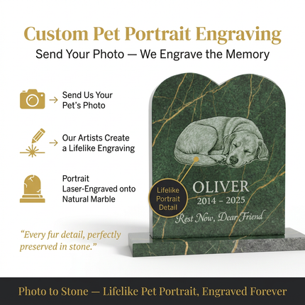 Personalized Green Marble Pet Memorial Headstone | Custom Engraved Dog Cat Grave Marker with Portrait