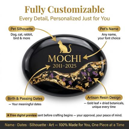 Personalized Natural River Stone Pet Memorial | Custom Engraved Pebble Grave Marker with Gold Resin Art for Dogs & Cats