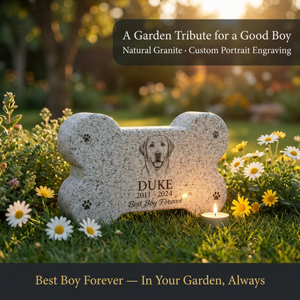 Personalized Granite Dog Bone Shaped Pet Memorial Stone | Custom Engraved Portrait & Text Grave Marker