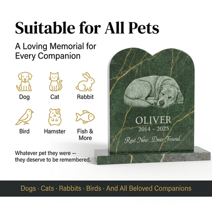 Personalized Green Marble Pet Memorial Headstone | Custom Engraved Dog Cat Grave Marker with Portrait
