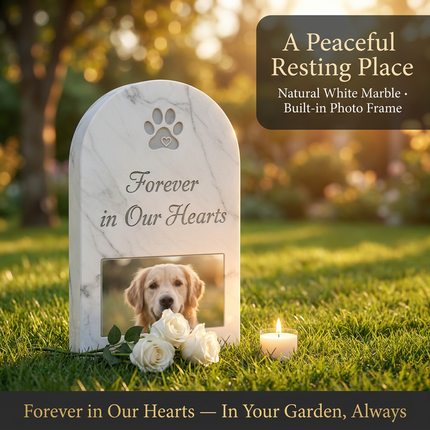 Personalized White Marble Pet Memorial Stone with Photo Frame | Custom Engraved Grave Marker for Dogs & Cats