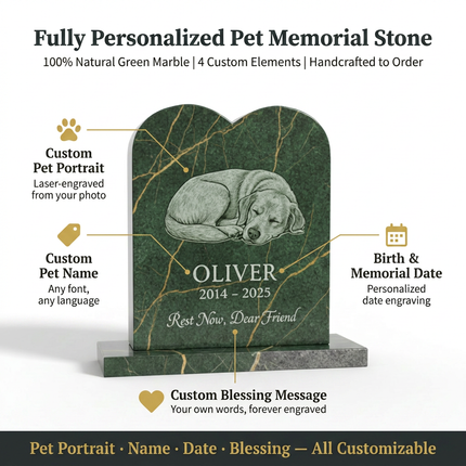 Personalized Green Marble Pet Memorial Headstone | Custom Engraved Dog Cat Grave Marker with Portrait