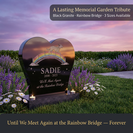 Personalized Heart-Shaped Granite Pet Memorial Stone | Custom Dog Cat Headstone with Rainbow Bridge Engraving