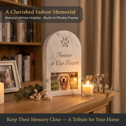 Personalized White Marble Pet Memorial Stone with Photo Frame | Custom Engraved Grave Marker for Dogs & Cats