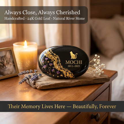 Personalized Natural River Stone Pet Memorial | Custom Engraved Pebble Grave Marker with Gold Resin Art for Dogs & Cats