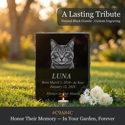 Personalized Black Granite Pet Memorial Stone | Custom Engraved Portrait Headstone for Dogs & Cats