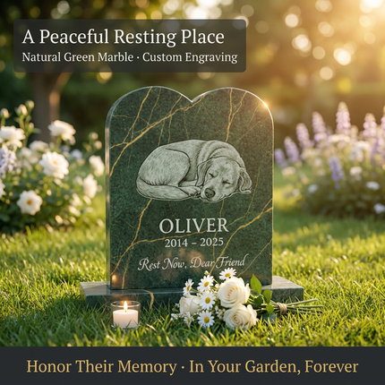 Personalized Green Marble Pet Memorial Headstone | Custom Engraved Dog Cat Grave Marker with Portrait