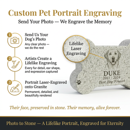 Personalized Granite Dog Bone Shaped Pet Memorial Stone | Custom Engraved Portrait & Text Grave Marker