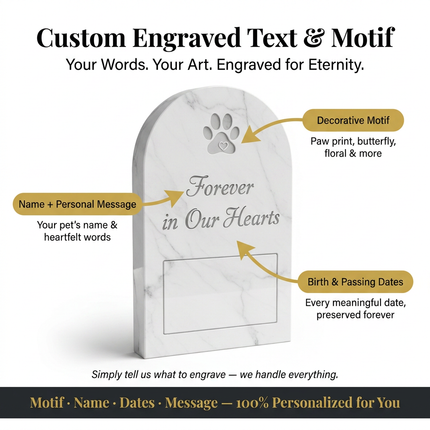 Personalized White Marble Pet Memorial Stone with Photo Frame | Custom Engraved Grave Marker for Dogs & Cats