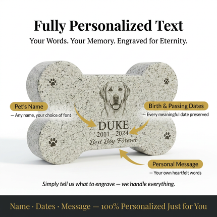 Personalized Granite Dog Bone Shaped Pet Memorial Stone | Custom Engraved Portrait & Text Grave Marker