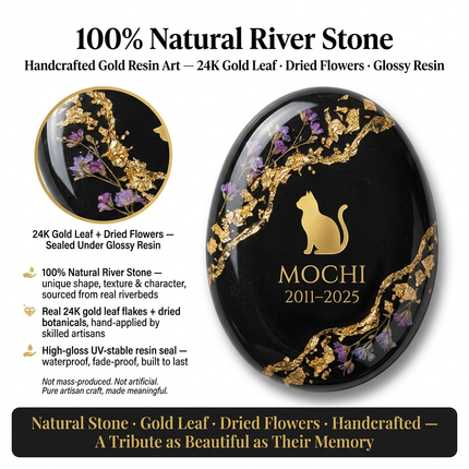 Personalized Natural River Stone Pet Memorial | Custom Engraved Pebble Grave Marker with Gold Resin Art for Dogs & Cats