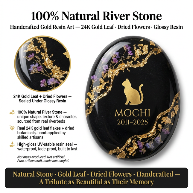 Personalized Natural River Stone Pet Memorial | Custom Engraved Pebble Grave Marker with Gold Resin Art for Dogs & Cats