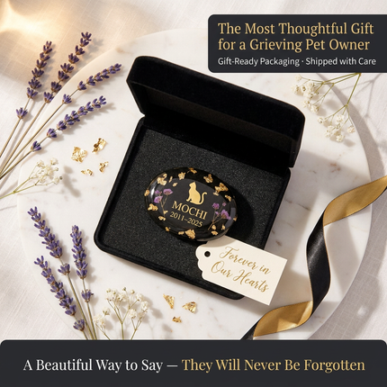 Personalized Natural River Stone Pet Memorial | Custom Engraved Pebble Grave Marker with Gold Resin Art for Dogs & Cats