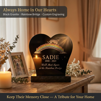 Personalized Heart-Shaped Granite Pet Memorial Stone | Custom Dog Cat Headstone with Rainbow Bridge Engraving