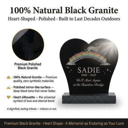 Personalized Heart-Shaped Granite Pet Memorial Stone | Custom Dog Cat Headstone with Rainbow Bridge Engraving