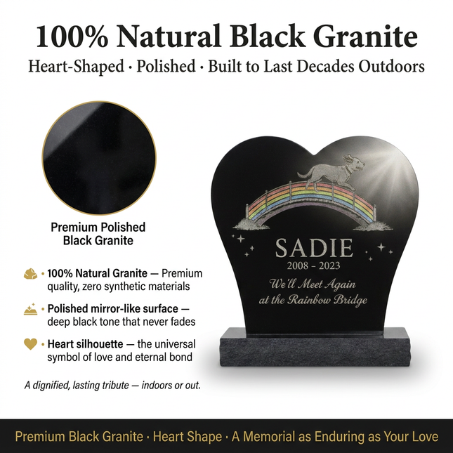 Personalized Heart-Shaped Granite Pet Memorial Stone | Custom Dog Cat Headstone with Rainbow Bridge Engraving