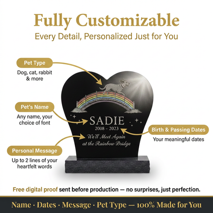 Personalized Heart-Shaped Granite Pet Memorial Stone | Custom Dog Cat Headstone with Rainbow Bridge Engraving