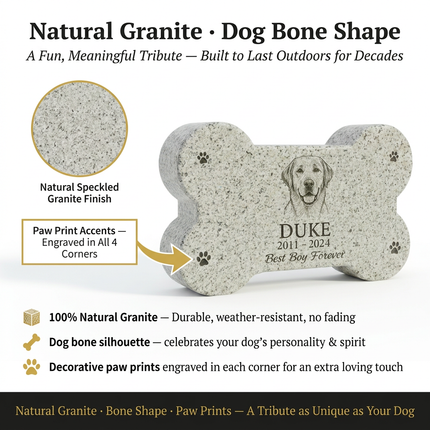 Personalized Granite Dog Bone Shaped Pet Memorial Stone | Custom Engraved Portrait & Text Grave Marker