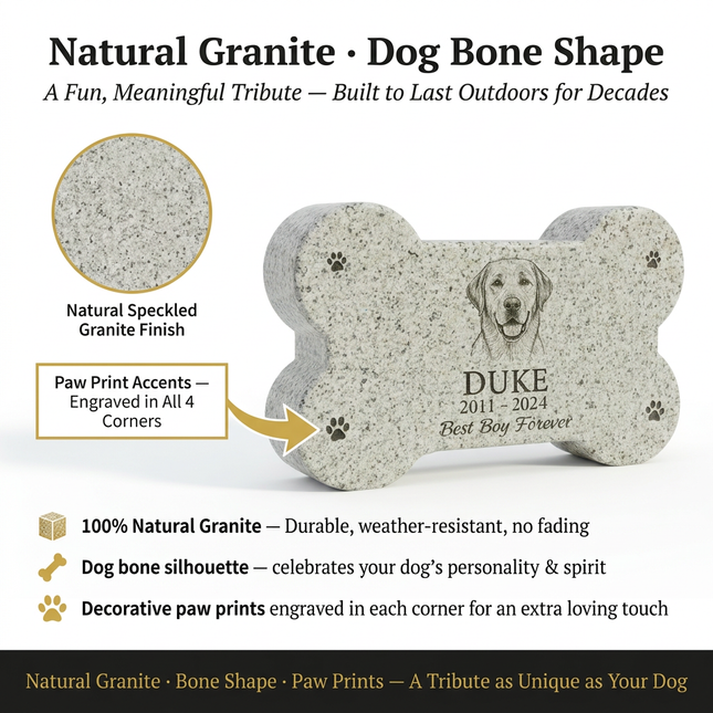 Personalized Granite Dog Bone Shaped Pet Memorial Stone | Custom Engraved Portrait & Text Grave Marker