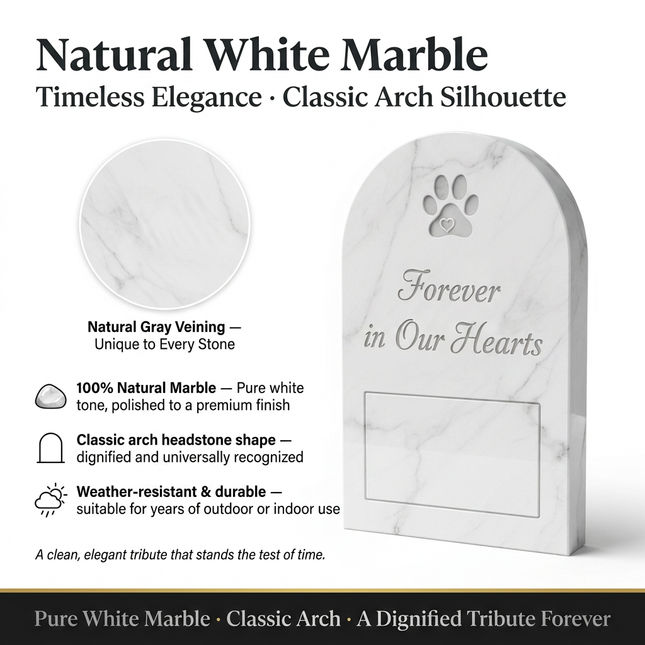 Personalized White Marble Pet Memorial Stone with Photo Frame | Custom Engraved Grave Marker for Dogs & Cats