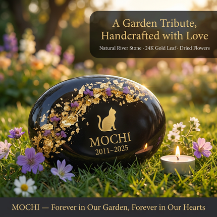 Personalized Natural River Stone Pet Memorial | Custom Engraved Pebble Grave Marker with Gold Resin Art for Dogs & Cats