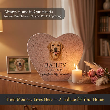 Personalized Pink Granite Heart-Shaped Pet Memorial Stone | Custom Photo & Text Engraved Garden Grave Marker