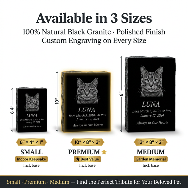 Personalized Black Granite Pet Memorial Stone | Custom Engraved Portrait Headstone for Dogs & Cats