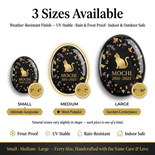 Personalized Natural River Stone Pet Memorial | Custom Engraved Pebble Grave Marker with Gold Resin Art for Dogs & Cats
