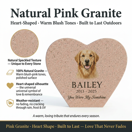 Personalized Pink Granite Heart-Shaped Pet Memorial Stone | Custom Photo & Text Engraved Garden Grave Marker