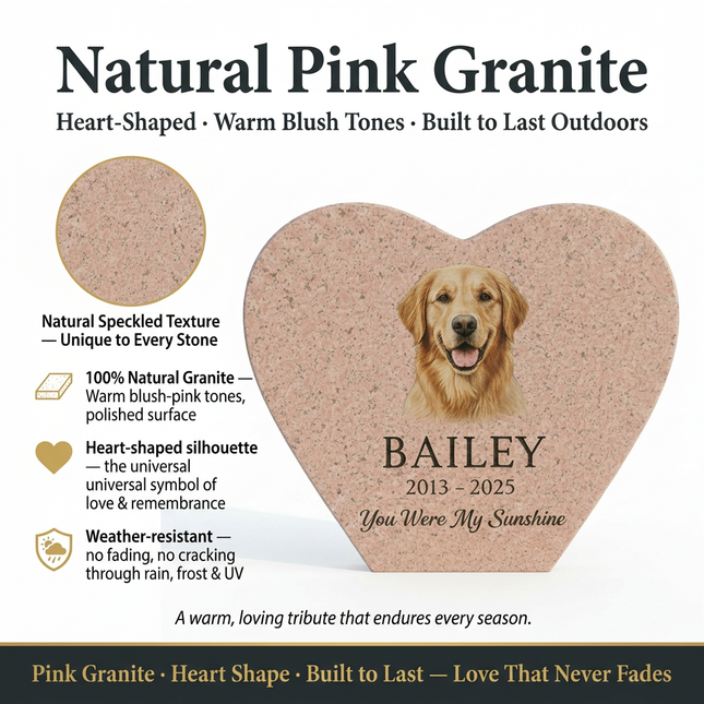 Personalized Pink Granite Heart-Shaped Pet Memorial Stone | Custom Photo & Text Engraved Garden Grave Marker