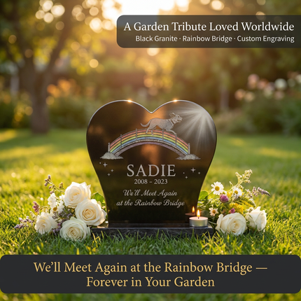Personalized Heart-Shaped Granite Pet Memorial Stone | Custom Dog Cat Headstone with Rainbow Bridge Engraving