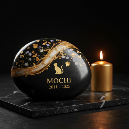Personalized Natural River Stone Pet Memorial | Custom Engraved Pebble Grave Marker with Gold Resin Art for Dogs & Cats