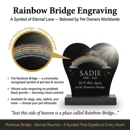 Personalized Heart-Shaped Granite Pet Memorial Stone | Custom Dog Cat Headstone with Rainbow Bridge Engraving