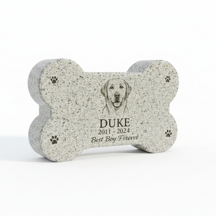 Personalized Granite Dog Bone Shaped Pet Memorial Stone | Custom Engraved Portrait & Text Grave Marker
