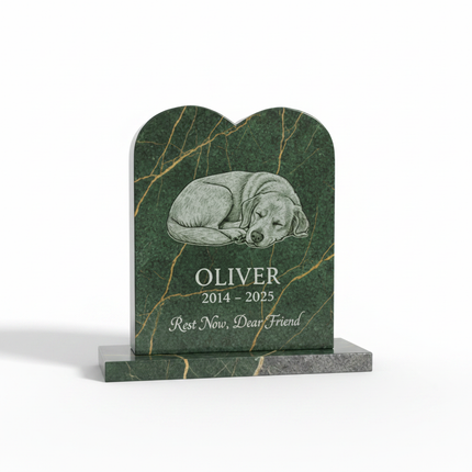 Personalized Green Marble Pet Memorial Headstone | Custom Engraved Dog Cat Grave Marker with Portrait