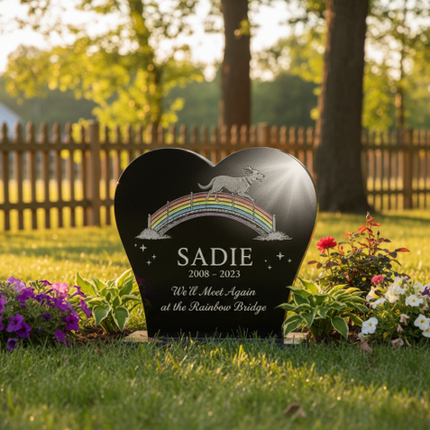Personalized Heart-Shaped Granite Pet Memorial Stone | Custom Dog Cat Headstone with Rainbow Bridge Engraving